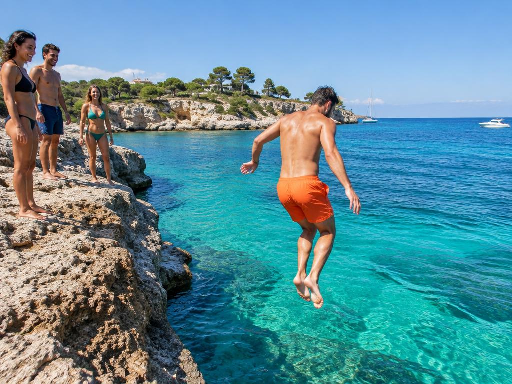 An adult jumping into a turquoise sea